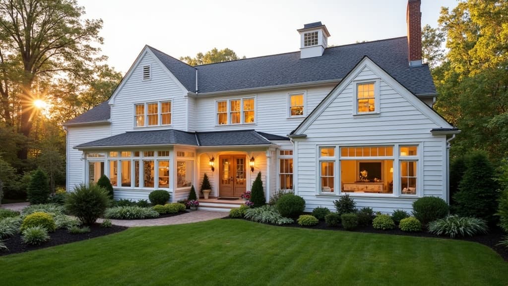 Four-season sunroom with bronze frames on a Syosset colonial