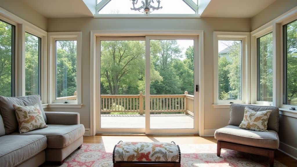 Three-season sunroom with vaulted ceiling and operable windows on a Long Island ranch