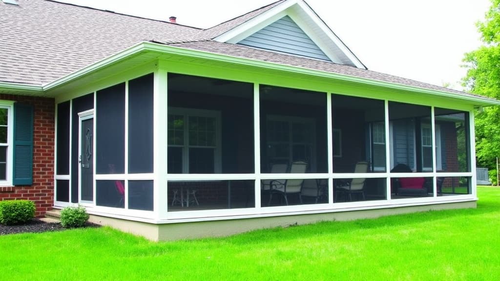Aluminum-framed screen room enclosure with solid roof on a Long Island ranch home