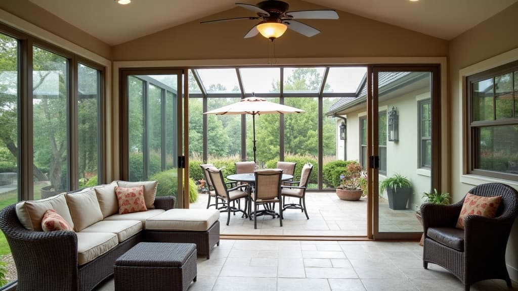 Glass patio enclosure with sliding panels on a Long Island Cape Cod home