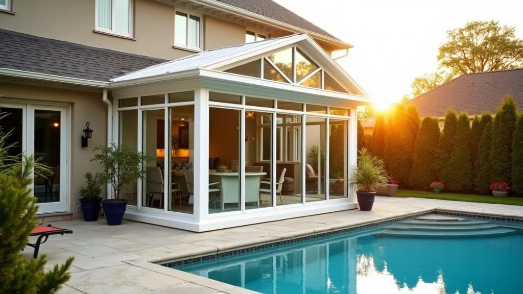 Modern glass solarium with floor-to-ceiling windows on a Long Island home