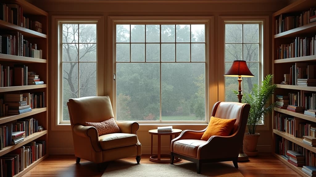 Cozy four-season sunroom reading nook on Long Island