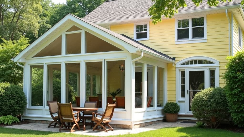 Three-season sunroom with gable roof and vinyl windows on a colonial in Farmingdale, Nassau County
