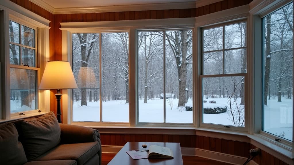 Four-season sunroom interior in winter with snow visible outside in East Northport, Suffolk County