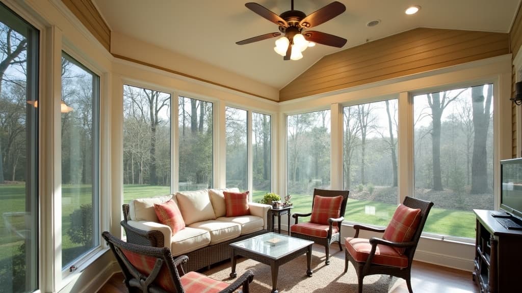 Four-season sunroom on a Garden City colonial with insulated windows and coffered ceiling