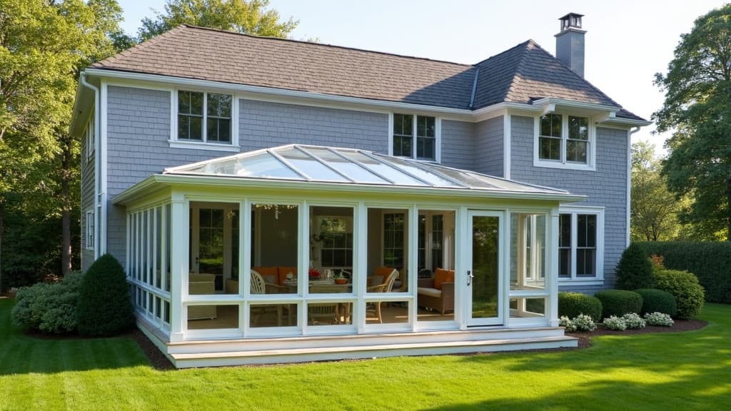 White aluminum three-season sunroom with skylight roof panels on a colonial home in Syosset, Nassau County