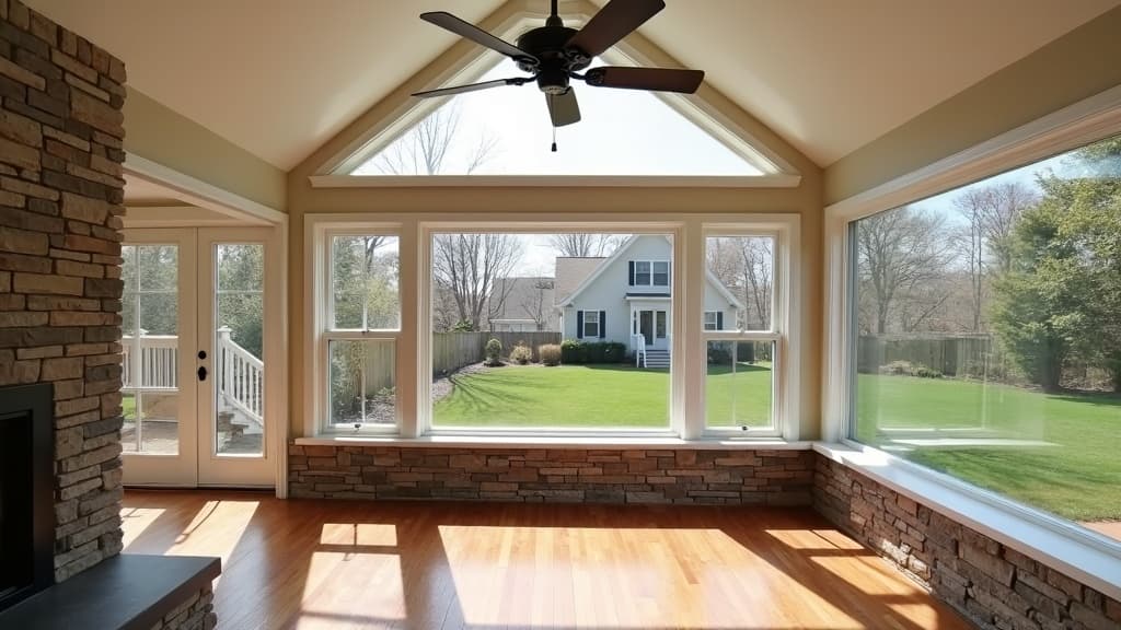 Four-season sunroom with cathedral ceiling and stone knee wall on a brick ranch in Commack, Suffolk County