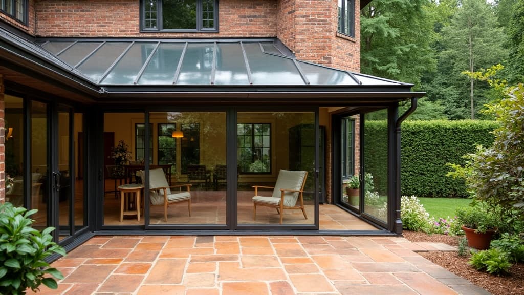 Patio enclosure with sliding window panels and polycarbonate roof on a Tudor home in Manhasset, Nassau County